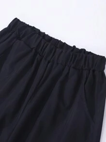 SHEIN Explorewe 2 件 Tween Girl 口号印花字母白色圆领运动衫套装搭配卡其色工装裤，时尚休闲街头装 - 黑色 - 查看 8