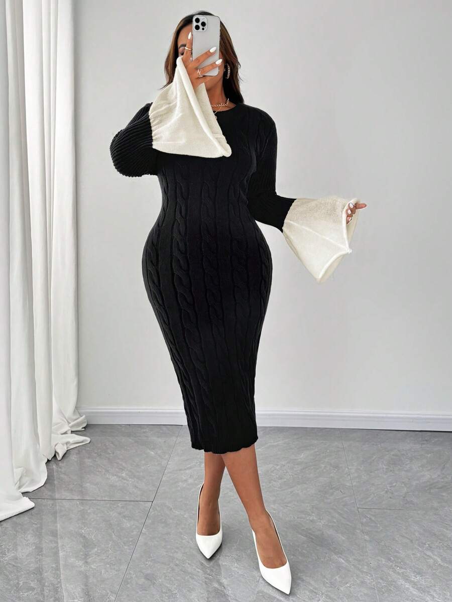 SHEIN Unity Vestido de punto de cuello redondo con mangas abombadas en contraste de color negro y blanco para mujer talla grande, otoño/invierno - Negro - Ver 1