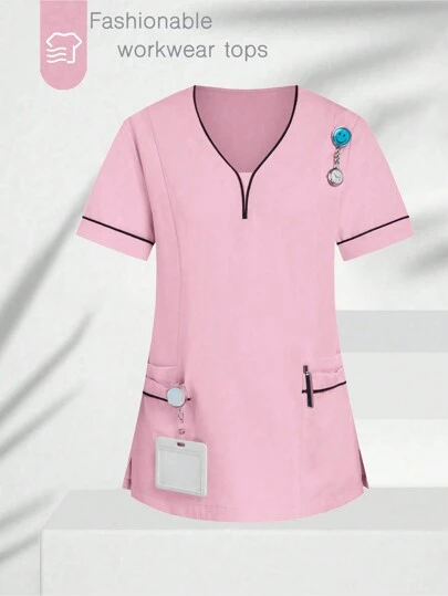 SHEIN TaskFit Women's V-Neck Short Sleeve Contrast Color Double Pockets Fashionable Casual Scrub Tops Nurse/Doctor Work Uniforms Top, Health Check Surgical Uniforms Top For Women Solid Colors Pet Grooming Work Uniforms Scrub Tops Nutritionist Work Short Sleeves Lab Work Top, Multi-Pockets Functional Work Functional Women's Top Can Be Worn On Christmas