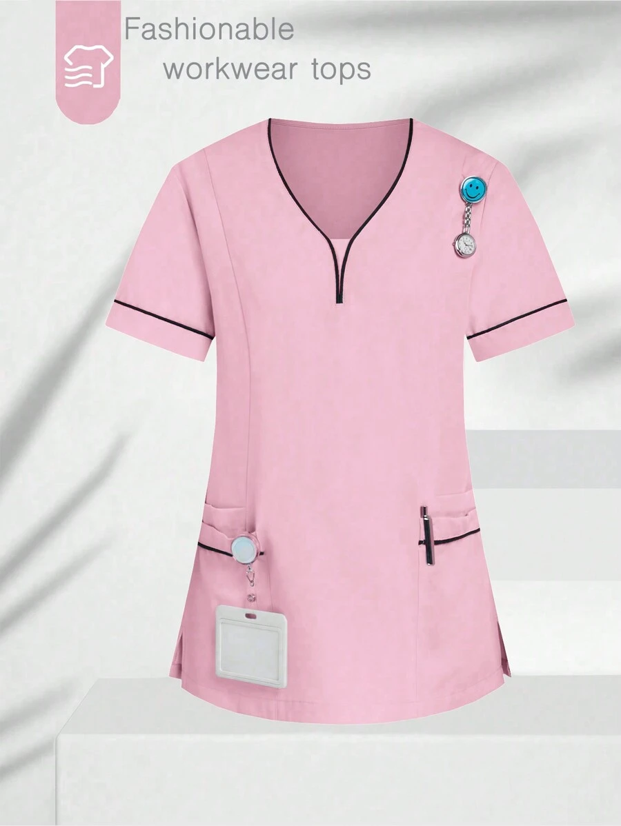 SHEIN TaskFit Women's V-Neck Short Sleeve Contrast Color Double Pockets Fashionable Casual Scrub Tops Nurse/Doctor Work Uniforms Top, Health Check Surgical Uniforms Top For Women Solid Colors Pet Grooming Work Uniforms Scrub Tops Nutritionist Work Short Sleeves Lab Work Top, Multi-Pockets Functional Work Functional Women's Top Can Be Worn On Christmas - Pink - View 1
