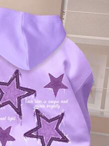 SHEIN Leap Crew 少女休闲简约长袖连帽宽松五角星图案卫衣，适合秋冬季穿着 - 淡紫色 - 查看 3