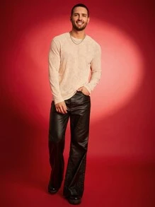 FeverCity Áo thun nam dài tay thường ngày dệt kim Jacquard màu trơn, mùa thu - Màu be - Xem 4