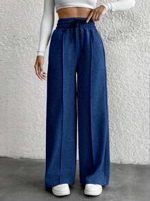 Cottnline Cotton Petite Drawstring Waist Wide Leg Pants - Navy Blue - View 4