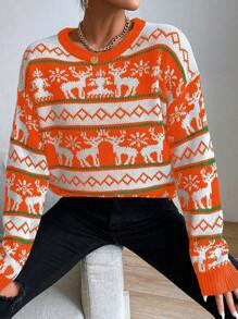 SHEIN LUNE Women's Casual Reindeer Pattern Round Neck Drop Shoulder Long Sleeve Sweater, Autumn/Winter Knit Pullover Fall - Burnt Orange - View 3