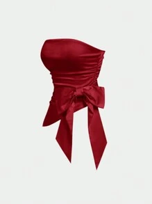 SHEIN MOD Áo hai dây không dây xếp nếp nơ thời trang dành cho nữ - Đỏ - Xem 2