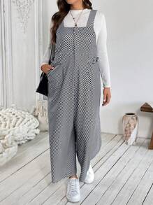 SHEIN VCAY Bộ đồ liền thân sọc xám trắng cỡ lớn, thường ngày có túi, thắt eo có khóa kéo phía trước - Nhiều màu - Xem 5