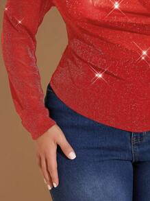 SHEIN BAE Plus Size Fall Women's Asymmetric Neck Flare Sleeve Ruffle Elegant Blouse Spring & Summer Black Shiny Party Mesh Long Sleeve T-Shirt See-Through Tops - Red - View 7