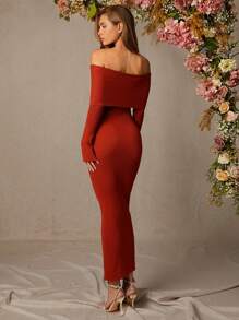 L'Amorae Long Sleeve Off Shoulder Winter Sweater Dress For Women - Rust Brown - View 3