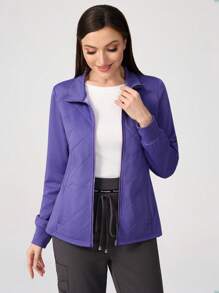 TaskEZ Women's Simple Solid Color Quilted Zip-Up Front Slant Pocket Practical Work Jacket - Purple - View 2