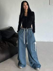 DAZY 女式做旧洗水宽松高腰阔腿牛仔裤 - 藍色 - 查看 4