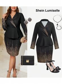 SHEIN Clasi Plus Size 2pcs Set: Elegant Notched Lapel Blazer Jacket & Mini Skirt, Autumn