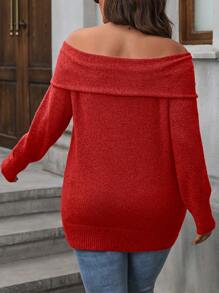 SHEIN LUNE Plus Size Women Solid Color Knit Foldover Off Shoulder Metal Pullover Sweater, Elegant & Versatile For Autumn/Winter Knit Pullover Fall - Red - View 2
