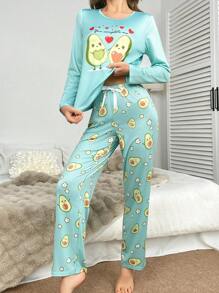 Bộ đồ ngủ dài tay in họa tiết quả bơ dành cho nữ và quần dài, trang phục thu đông - Màu xanh bụi bặm - Xem 4