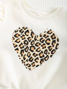 Cozy Pixies 2pcs Baby Girl Heart-Shaped Leopard Pattern Round Neck Ruffle Sleeve Pullover Sweatshirt And Jogger Pants Set , Fall Clothes - Khaki - View 10