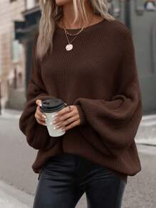 SHEIN LUNE 女士纯色圆领落肩长袖宽松休闲套头毛衣，秋冬 - 棕色 - 查看 3