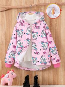 Tween Girl Cartoon Print Front Button Hooded Long Sleeve Jacket - Multicolor - View 1