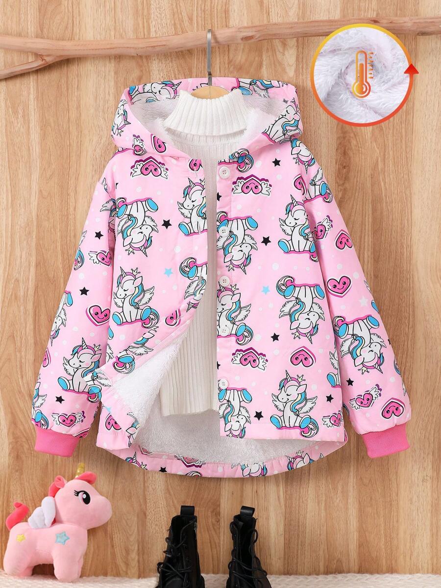 Tween Girl Cartoon Print Front Button Hooded Long Sleeve Jacket - Multicolor - View 1