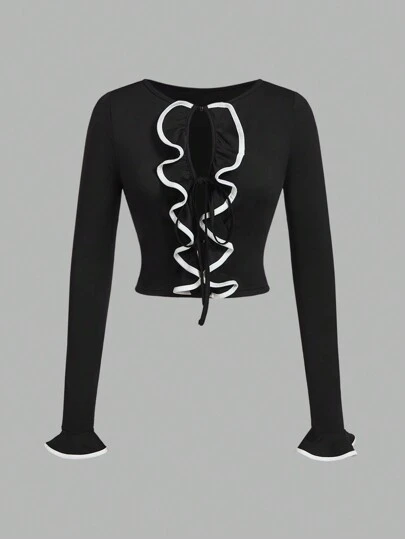 Aveloria Rosie 1pc Women's Off-Shoulder Design Colorblock Ruffle Trim Fitted Hollow Out Long Sleeve T-Shirt Cute Funny Shirts  Fall Cloth For Women