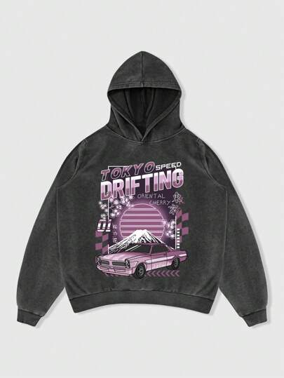 Street Life Sudadera holgada con capucha con gráficos de letras y automóviles vintage para hombres