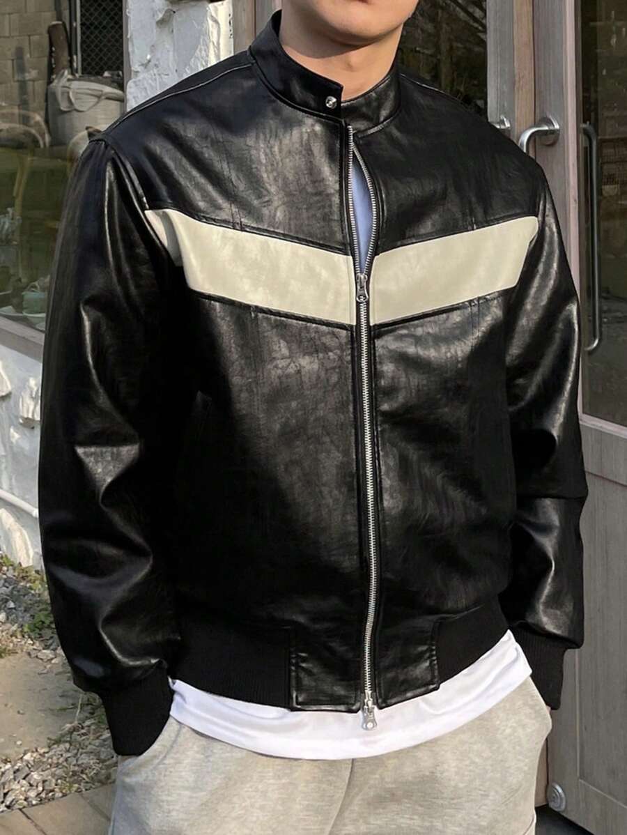 DAZY Men's Casual Contrast Color Zip-Up Stand Collar Jacket, Autumn - Black and White - View 1