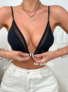 Sexy Mesh Splicing Front-Clasp Deep V Bra - Black - View 6