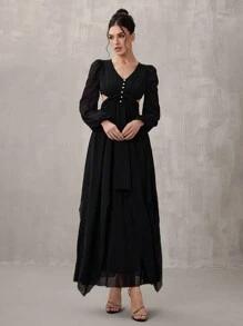 SHEIN Belle Women Elegant Woven Black Hollow Bodycon Long Sleeve Pearl Button Closure Long Dress, Semi Formal Prom Dress, For Birthday, Wedding Guest, Graduation Homecoming - Black - View 7