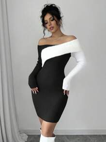 Chiquease 1pc Solid Color Elegant Christmas Colorblock Furry Off-Shoulder Long Sleeve Sweater Dress - Black - View 1