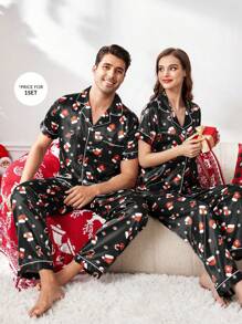 CoupledUp Ensemble de pyjamas avec col châle en faux soie avec imprimé d'éléments de Noël dessin animé pour hommes