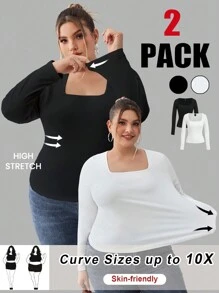 SHEIN CURVE+ 大码女式两件套方领紧身长袖休闲T恤套装，秋冬季女装，百搭基本款 - 黑與白 - 查看 1