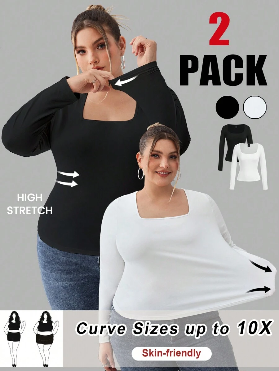 SHEIN CURVE+ 大码女式两件套方领紧身长袖休闲T恤套装，秋冬季女装，百搭基本款 - 黑與白 - 查看 1