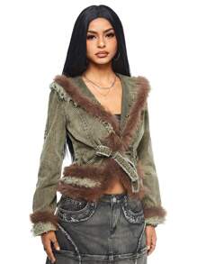 ROMWE Grunge Punk Women Furry Patchwork Denim Jacket/Coat - Army Green - View 3