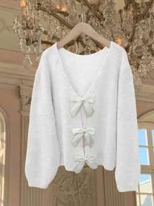SHEIN Frenchy Plain V-Neck Bow Decor Casual Long Sleeve Pullover Sweater - White - View 8