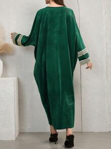 Al Najma Kaftan nhung ren tương phản truyền thống bảo thủ, váy dài tay bướm Ả Rập khiêm tốn Kaftan & Jalabiya, cho tiệc tối/khách dự tiệc cưới/kỷ niệm - màu xanh lá - Xem 2