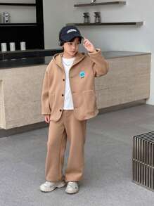 Tween Boy Casual Letter Print Hooded Jacket And Pants Set, Suitable For Commuting, School, Daily Casual, Vacation, Sports, Spring, Autumn & Winter