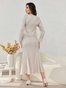 Modelyn Fashion Casual Chic Ribbon Decor Women 2pcs Set - Apricot - View 7