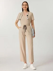 TaskEZ Solid Color Short Sleeve Top & Pants Scrub Uniform Set, Nurse - Khaki - View 4