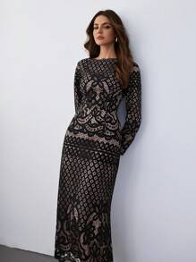 Firerie 女士优雅蕾丝拼布连衣裙，秋冬 - 彩色 - 查看 1