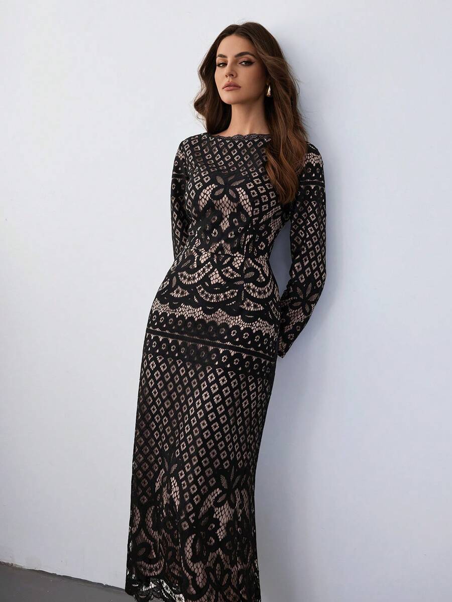 Firerie 女士优雅蕾丝拼布连衣裙，秋冬 - 彩色 - 查看 1