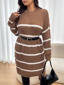 SHEIN Frenchy Plus Size Women Striped Round Neck Drop Shoulder Loose Casual Knit Sweater Dress, Autumn/Winter