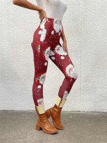 SHEIN LUNE Mallas estampadas de ajuste delgado para mujer, tallas grandes, apropiadas para Halloween, Navidad, Año Nuevo, festivales chinos, Día de San Valentín, fiesta de Acción de Gracias para ropa de Año Nuevo