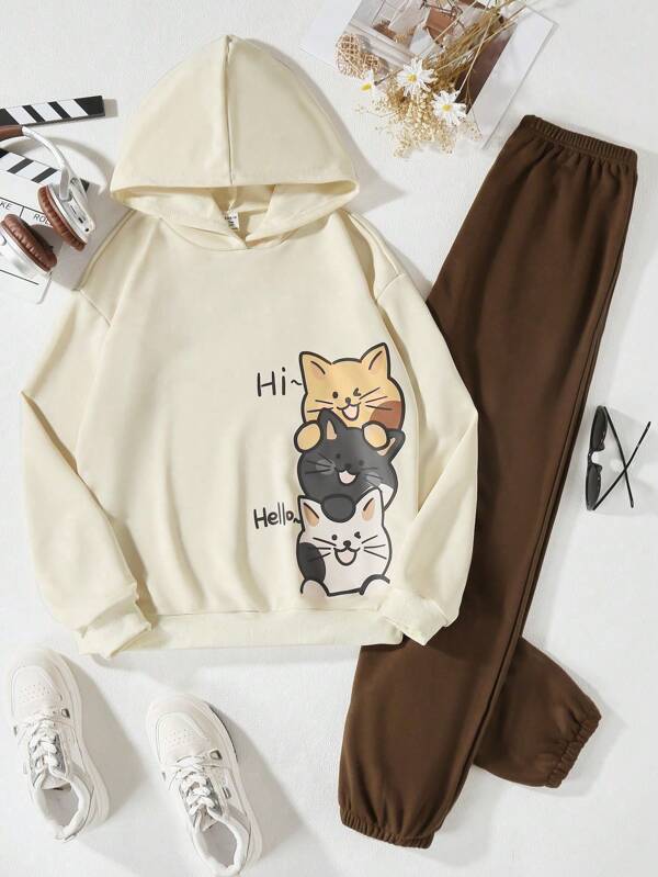 Teenager Mädchen Kapuzenpullover & Jogginghose mit Cartoon Grafik