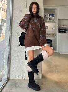 DAZY Asymmetrical Jacquard Pattern Oversized Pullover Sweater For Women,Fall Women Clothes - Brown - View 8