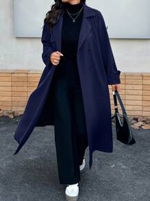 Calvaya Plus Size Solid Color Button Front Long Sleeve Notched Collar Minimalist Casual Trench Coat - Navy Blue - View 5