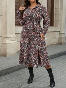 SHEIN LUNE Plus Size Black Autumn Boho Everyday Long Sleeve Shirt Dress,Cinched Waist Flattering Fit Dresses For Women,Thanksgiving New Years Rave Outfit Winter - Multicolor - View 6