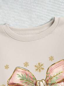 SHEIN EZwear 大码休闲圣诞蝴蝶结和雪花印花圆领羊毛运动衫，适合秋冬季 - 白色 - 查看 4