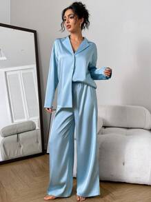 Chiquease Bộ đồ vest rộng rãi bằng vải satin dành cho nữ 2 món - Áo cổ bẻ và quần ống rộng - Màu xanh nhạt - Xem 6