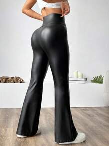 SHEIN EZwear Plus Size Casual Black V-Shape Waist Fitted Flare Pants - Black - View 2