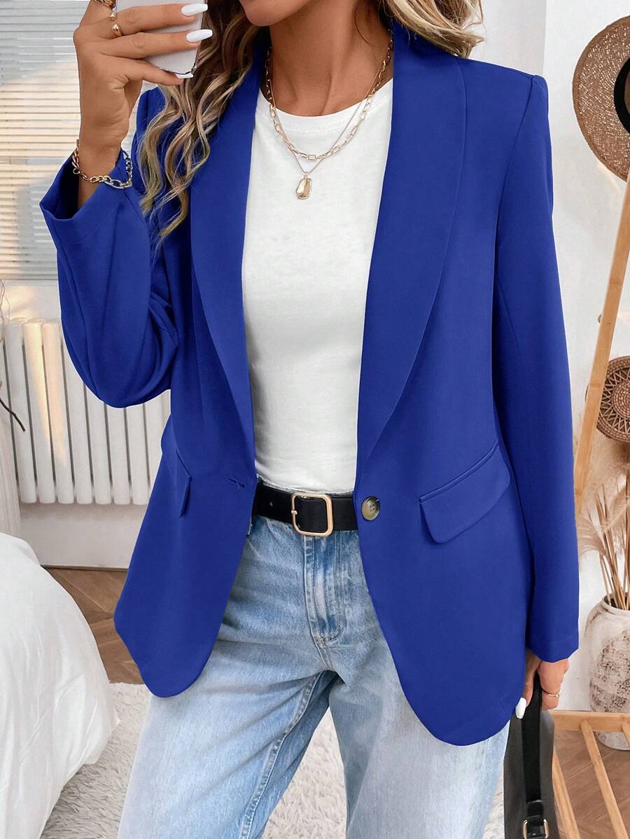 SHEIN LUNE 2024 Autumn/Winter New Arrival Greenish Gray Women Lapel Buttoned Waist Tailored Jacket - Navy Blue - View 1