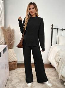 EMERY ROSE 2 件套女式纯色立领长袖毛衣和裤子套装，简约风格 - 黑色 - 查看 5