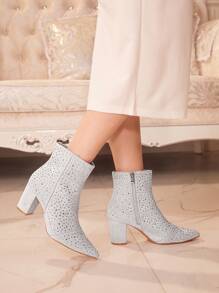 CUCCOO TILAWA Giày bốt mũi nhọn cao đến giữa bắp chân đính đá thời trang dành cho nữ cho kỳ nghỉ Giáng sinh và năm mới - Xám - Xem 8